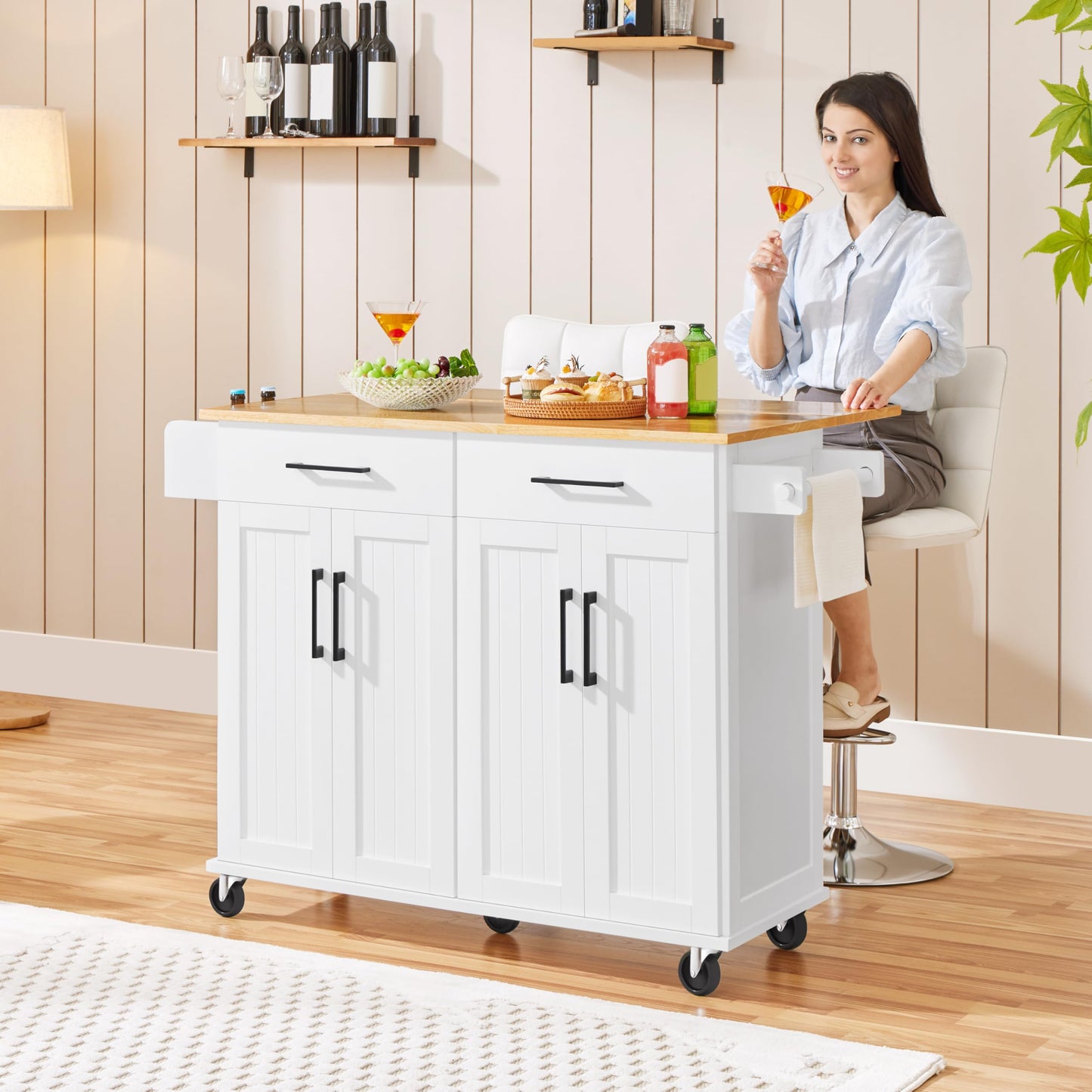 Yaheetech Rolling Kitchen Island with Drop Leaf, Kitchen Cart on Wheels with Storage Cabinet and Drawers, Rubberwood Top, Detachable Towel Rack, Spice Rack for Dining Room, White