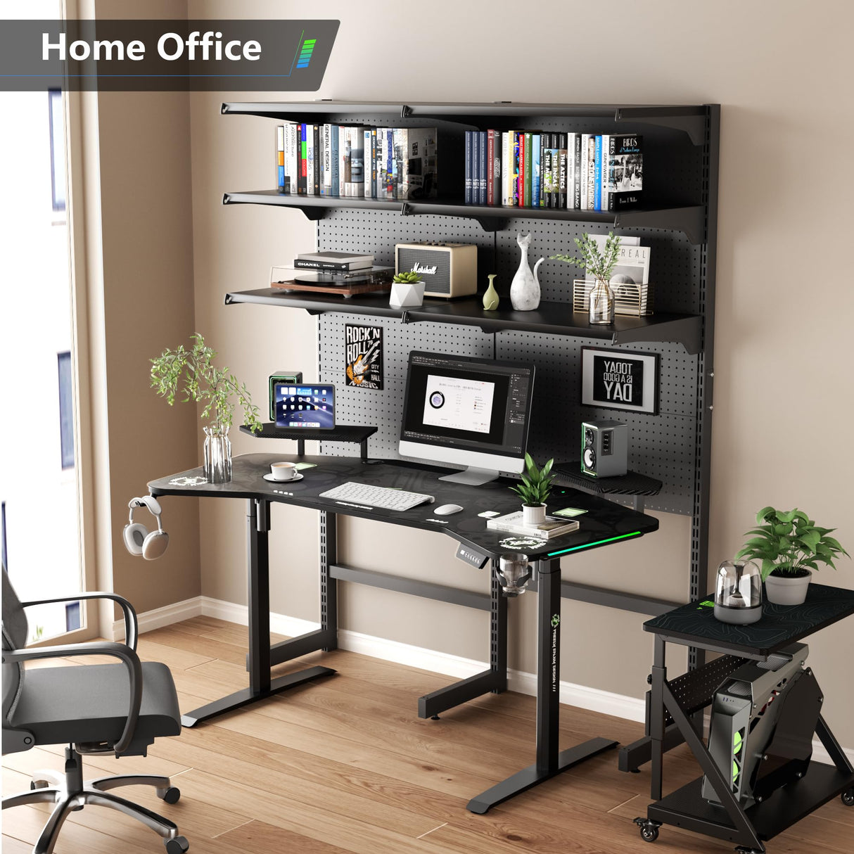 Klobel 63" Standing Gaming Desk with Dual Motor, Wing-Shaped Computer Desk with Full Coverage Mouse Pad, Electric Height Adjustable Standing Desk with RGB LED Lights and Slot Design Shelves Klobel