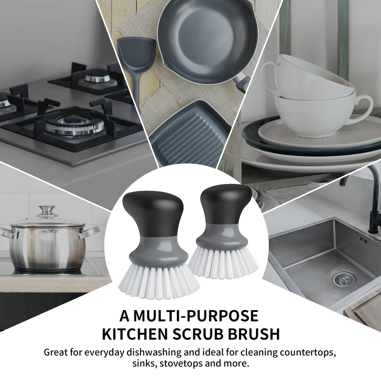 MR.SIGA Dish Scrub Brush, Palm Brush Dish Scrubber with Ergonomic Grip, Kitchen Brushes for Dishes, Gray, Pack of 2 MR.SIGA