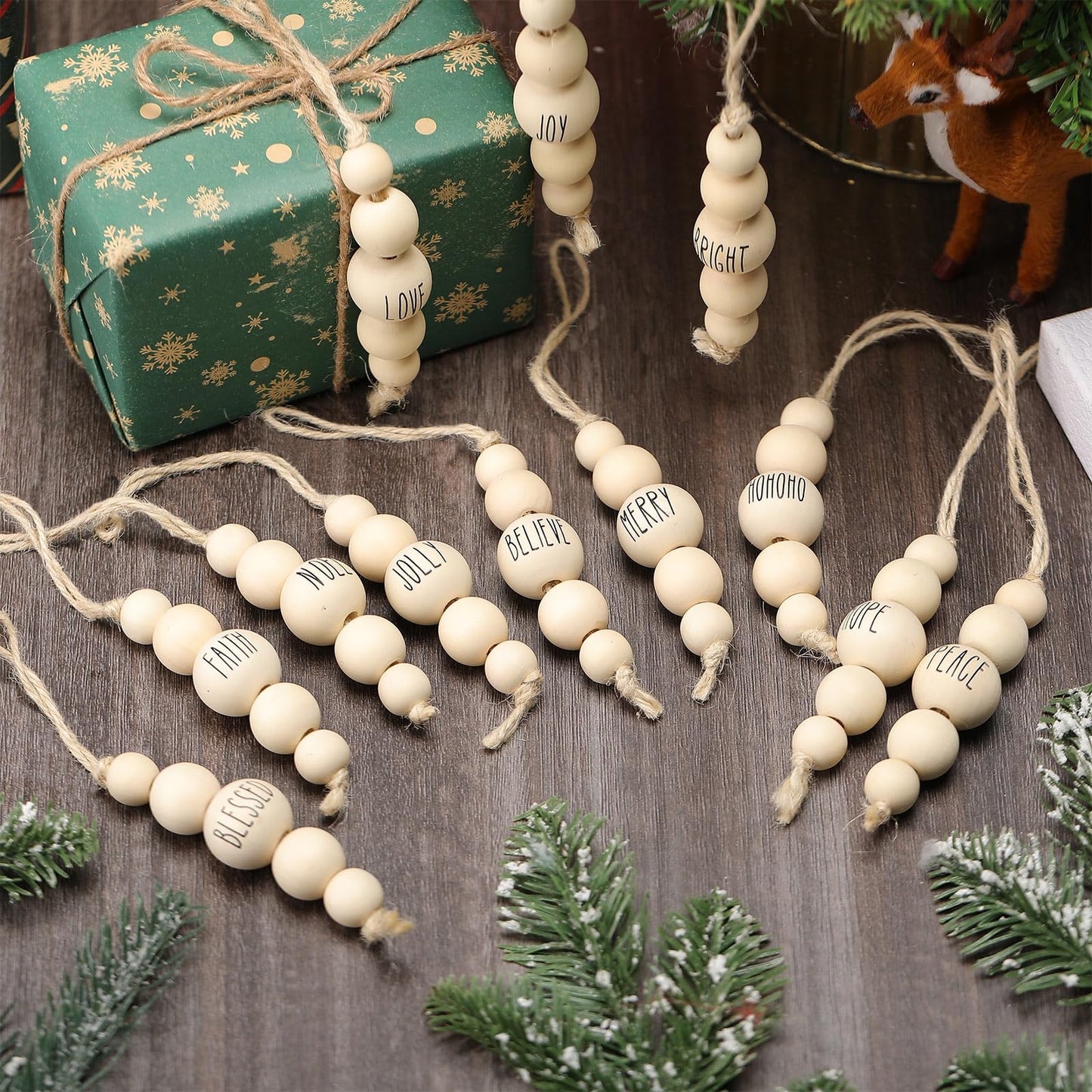 Loetere 24 Pcs Christmas Ornaments Farmhouse Wood Bead Ornament for Tree with Blessing Word Rustic Christmas Hanging Decorations Natural Wooden Beads for Xmas Tree Wall Tiered Tray (Boho)