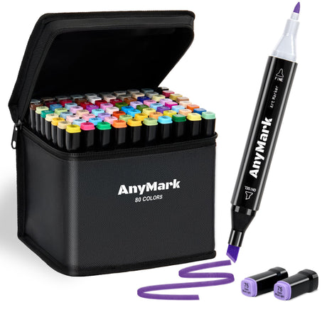 AnyMark 80 Colors Alcohol Markers Set, Professional Coloring Markers with Carry Bag for Adults Kids Artist, Chisel & Fine Dual Tips for Drawing AnyMark