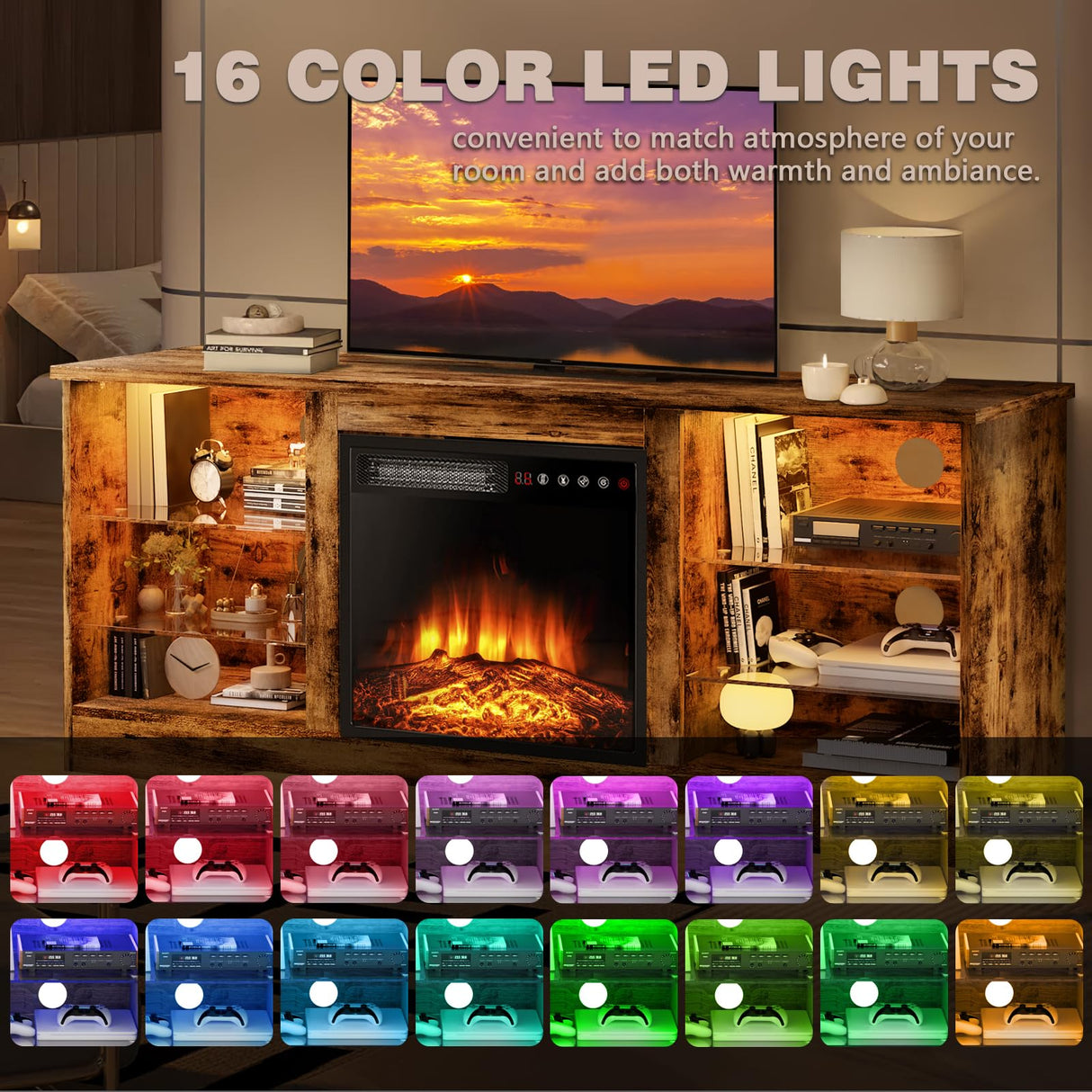 LEMBERI 58 Inches Fireplace TV Stand for TVs up to 65 Inches Console with 18'' Electric Fireplace & Remote, Wooden Modern Entertainment Center for Living Room with LED Light Glass Shelves (Brown) LEMBERI