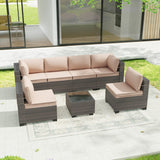 Halmuz 7 Piece Patio Furniture Set Outdoor Conversation Sofa Set, High Back Wide PE Rattan Wicker Sectional Furniture Patio Sofa w/Tempered Glass Top Table&Thickened Cushions(Sand) Halmuz