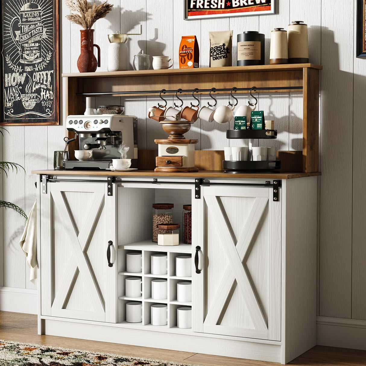4ever2buy Farmhouse Coffee Bar Cabinet with Hutch, 47 Inch Buffet Cabinet with Storage, White Wine Bar with 9 Wine Racks and 6 Hooks, Coffee Bar Table with Adjustable Shelves for Living Dining Room 4ever2buy