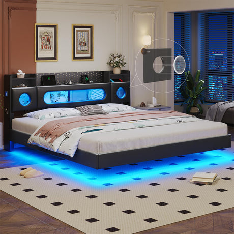 BYSAUD King Size Bed Frame,Floating Bed Frame with Storage Headboard & LED Light,Floating bed Frame King with Charging Station,King Bed with Bookcase Headboard,No Box Spring Needed,Noise-Free PU Black BYSAUD