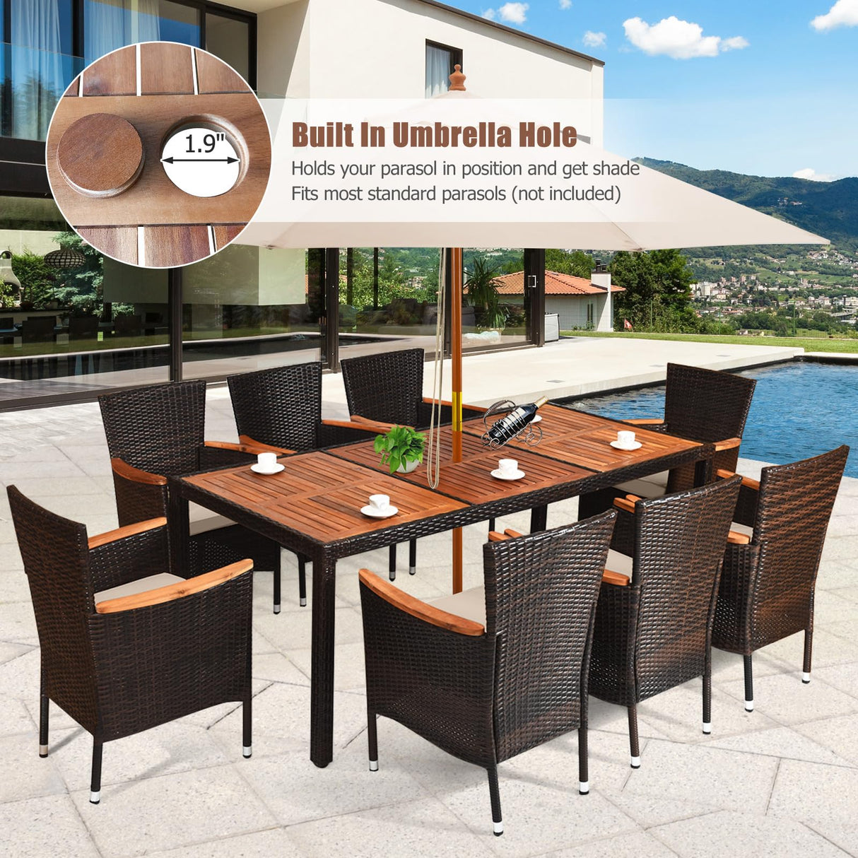 DORTALA 9-Piece Patio Dining Set, Acacia Wood & Rattan Furniture Set with 8 Cushioned Stackable Armrest Chairs and Table, Outdoor Table & Chair Set for Backyard, Garden, Poolside DORTALA