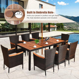 DORTALA 9-Piece Patio Dining Set, Acacia Wood & Rattan Furniture Set with 8 Cushioned Stackable Armrest Chairs and Table, Outdoor Table & Chair Set for Backyard, Garden, Poolside DORTALA