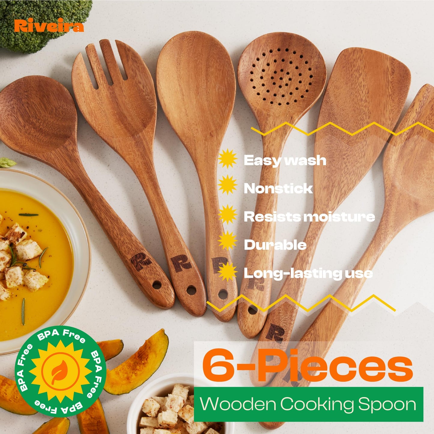 Riveira Walnut Wooden Spoons for Cooking Set of 6 – Natural Walnut Wooden Cooking Utensils, Wooden Spatula, Wooden Spoon - Premium Quality Wooden Utensil Set for Non-Toxic Cooking