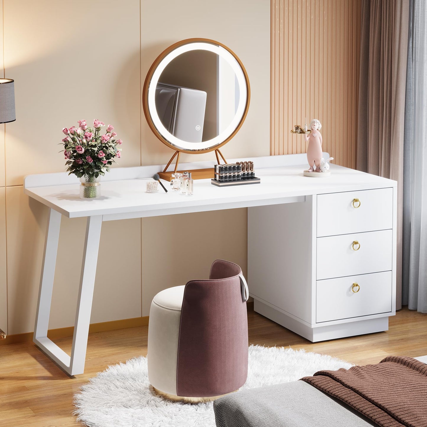 Tribesigns White Makeup Vanity Desk: Modern 55 Inches Vanity Table with 3 Drawers, Corner Wood Dressing Table Make Up Vanity, White and Gold Girls Women Vanity for Bedroom, No Mirror