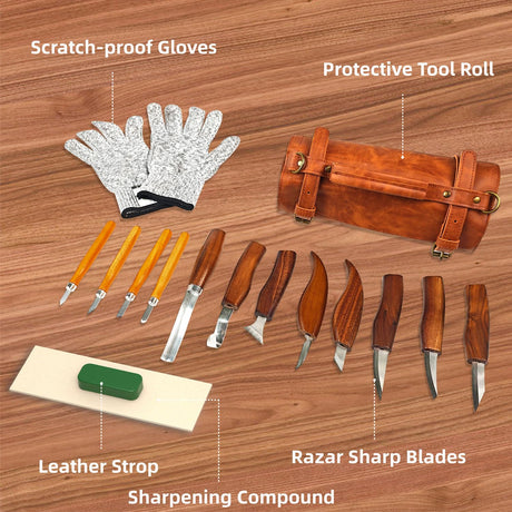 Wood Carving Kit with Sharp Carving Tools – Deluxe Wood Whittling Kit, Carving Knife Set with PU Leather Storage Bag – Complete Woodworking Tools for Beginners and Professionals bellaDimora