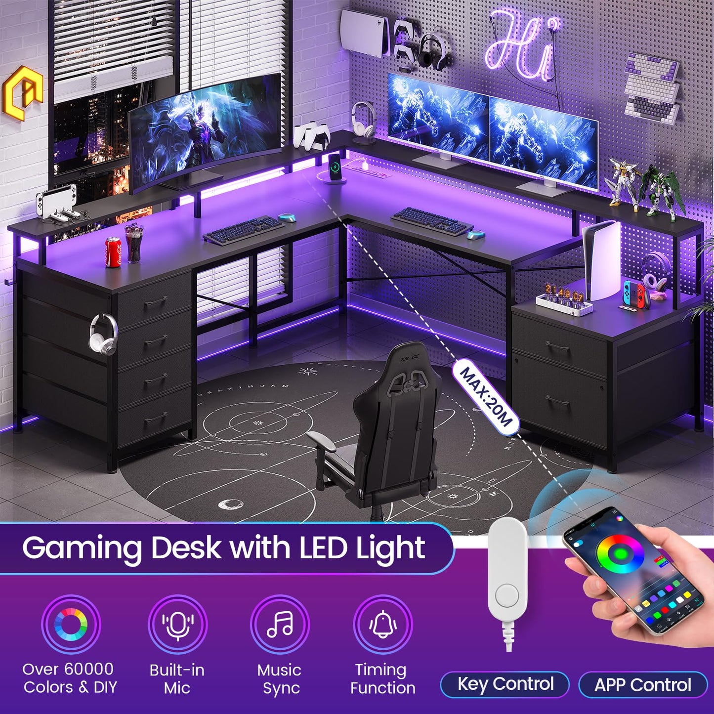 SEDETA L Shaped Desk with 6 Drawer, 108" Home Office Desk with File Drawer & Power Outlet, Corner Computer Desk with Monitor Shelf, File Cabinet, Two Person Desk, Gaming Desk with Led Lights, - WoodArtSupply