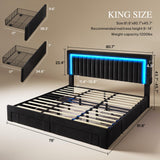 DWVO King Size Bed Frame with Adjustable Headboard, 4 Storage Drawers and RGB LED Lights, Velvet Upholstered Platform Bed with USB Ports, No Box Spring Needed, Fast Assembly, Noise-Free, Black DWVO