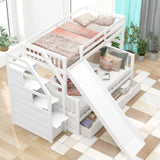 Twin Over Full Bunk Bed with Stairs, Slide & Storage Drawers in White Bellemave