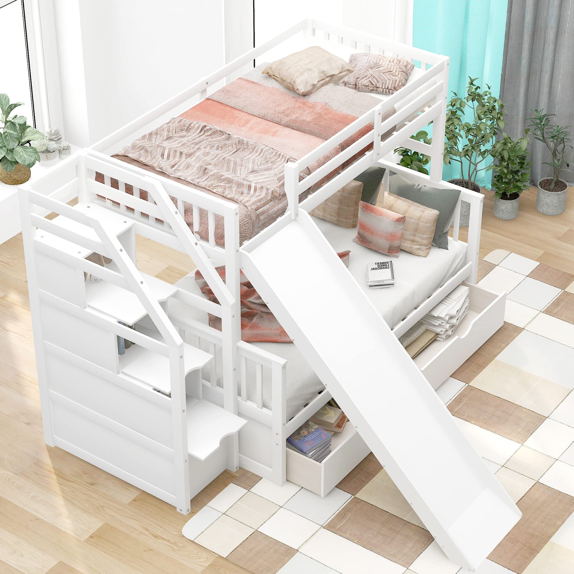 Twin Over Full Bunk Bed with Stairs, Slide & Storage Drawers in White - WoodArtSupply