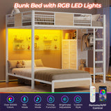 ADORNEVE Full Over Twin Bunk Bed with 8 Storage Drawers, Metal Loft Bed with Led Lights & Storage Shelves, Bunk Beds Twin over Full Size with 13.4" H Safety Guardrail & Ladder, for Kids & Teens, White ADORNEVE