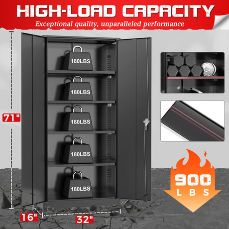 Metal Storage Cabinet with Lock, 71" Tall Black Garage Cabinet with 2 Doors & 4 Adjustable Shelves, Lockable Steel File Cabinet for Home Office, Garage, School, Gym Pataku