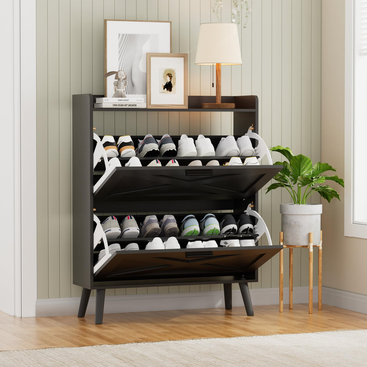 Homleke 32" W Farmhouse Shoe Storage Cabinet with 2 Flip Drawers and Barn Door Design, Adjustable Shelves, Modern Hidden Slim Narrow Shoe Rack Cabinet for Entryway, Foyer, Hallway, Living Room, Black Homleke