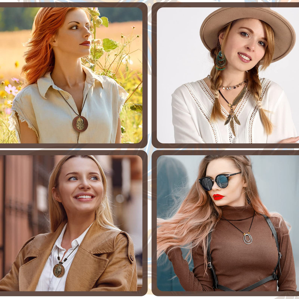 Huquary 8 Pcs Boho Necklaces for Women Boho Jewelry for Women Long Wooden Pendant Choker Necklaces Brown Faux Leather Cord Sweater Jewelry Feather for Women Men Huquary