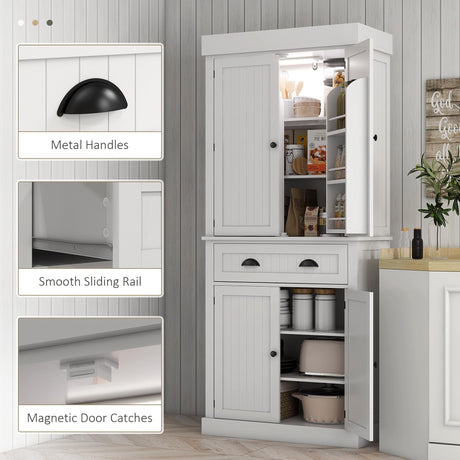 HOMCOM 71" Kitchen Pantry Cabinet with Motion Sensor Light, Tall Storage Cabinet with 6 Door Shelves, a Drawer & 4 Adjustable Shelves, for Living Room, Dining Room, White HOMCOM