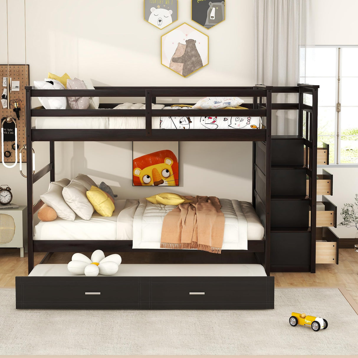 Harper & Bright Designs Full Over Full Bunk Bed with Storage, Wooden Bunk Bed with Trundle and Staircase - Espresso Harper & Bright Designs