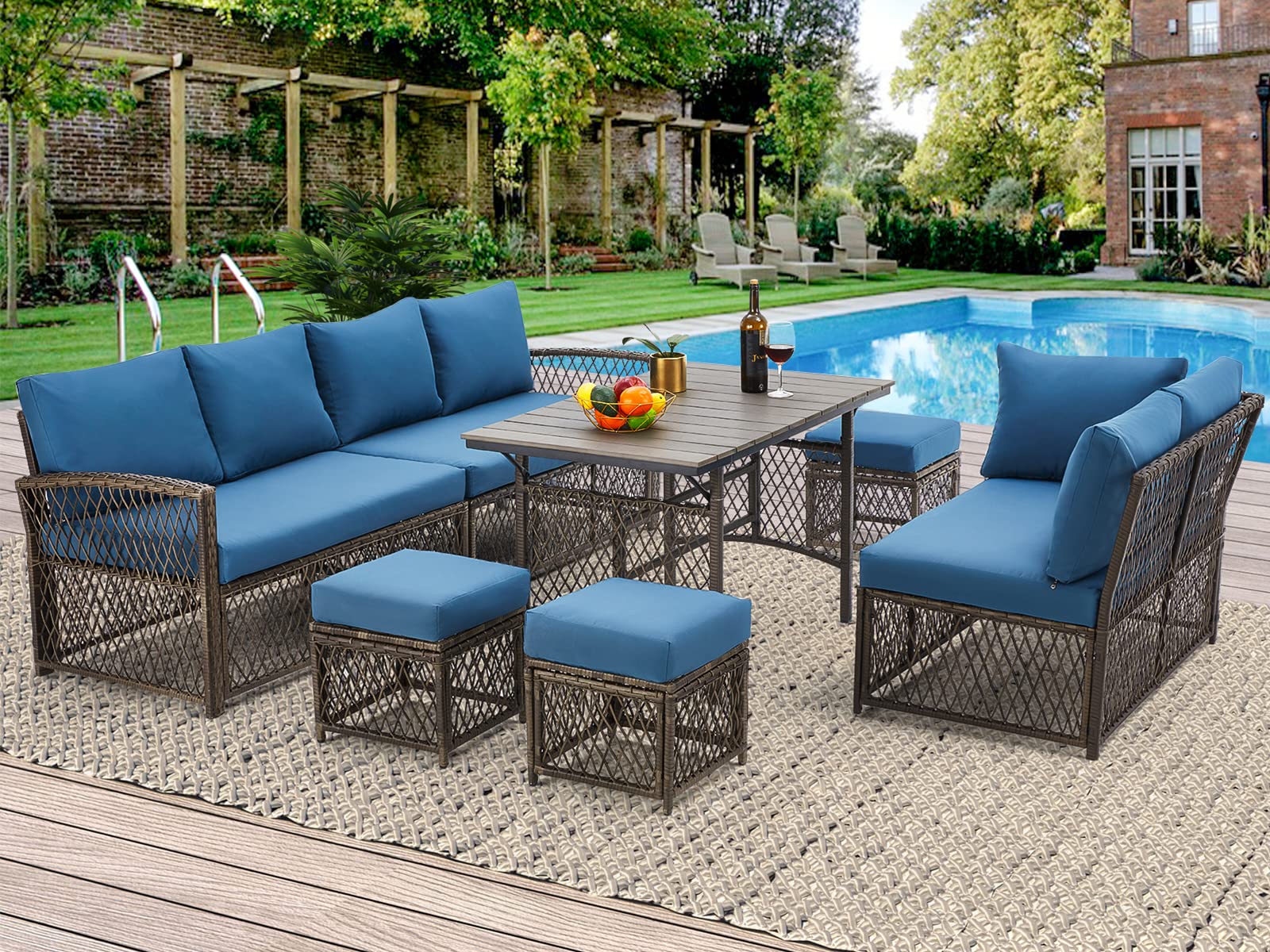 AECOJOY Patio Furniture Set, Outdoor Patio Furniture with Dining Table&Chair, 7 Pieces All Weather Wicker Conversation Set with Ottoman,Navy - WoodArtSupply