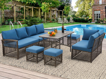 AECOJOY Patio Furniture Set, Outdoor Patio Furniture with Dining Table&Chair, 7 Pieces All Weather Wicker Conversation Set with Ottoman,Navy - WoodArtSupply