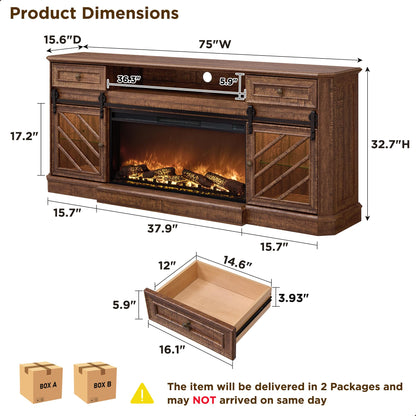 OKD 75” Fireplace TV Stand for 85 Inch TV,Farmhouse Highboy Entertainment Center with 36” Electric Fireplace,Modern Media Console Table with Drawers Storage&Cabinets for Living Room,Reclaimed Barnwood