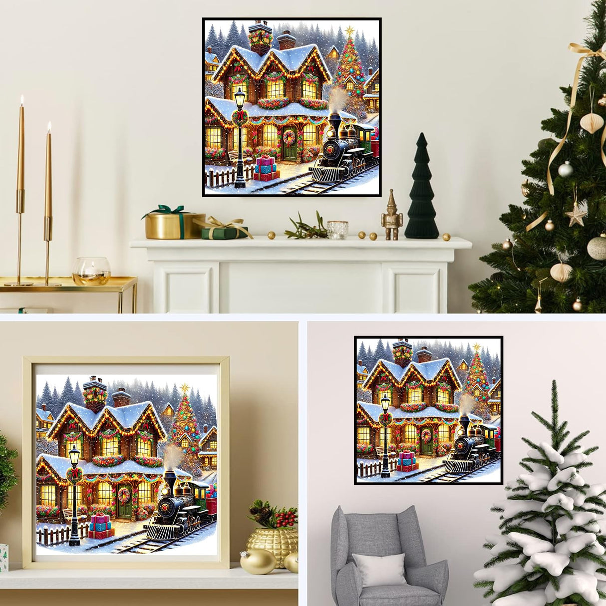 igoodom Christmas Diamond Art Kits for Adults, Christmas Train Diamond Painting Kit, Full Drill Round Winter House Diamond Art Kits, DIY Gem Art for Home Wall Decor Gift 14x14inch igoodom
