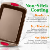 NutriChef 5-Piece Baking Pan Set - Carbon Steel Stackable Bakeware with Red Silicone Handles & Nonstick Coating, Includes Cookie Sheets, Roaster Pan with Lid, Loaf Pan, and 12 Cup Muffin Pan (Gold) NutriChef