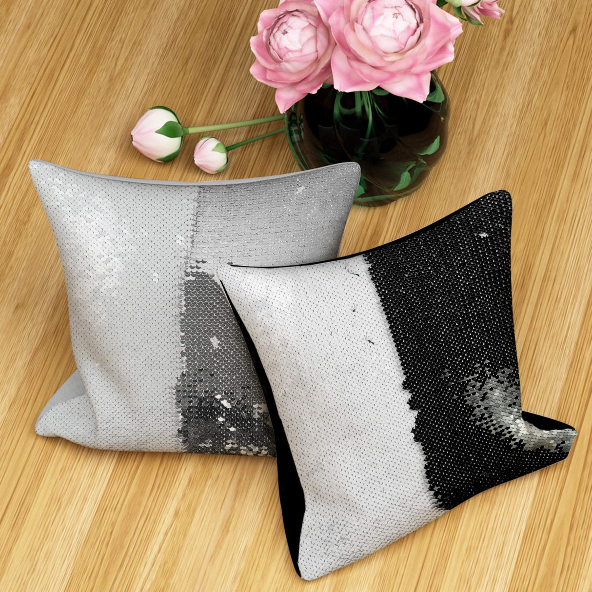 JYFLZQ Sublimation Sequin Pillow Case Blanks 16''x16'' - Set of 2 Black Reversible Flip Sequin Pillow Cushion Covers Personalized for Kids, Friends JYFLZQ
