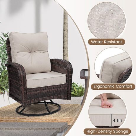 wildformers 2 Luxury Outdoor Swivel Wicker Glider Patio Chairs with Table Set, Overstuffed Washable Cushions, Ideal for Porch, Balcony, Deck, Brown Rattan and Beige Cushions wildformers