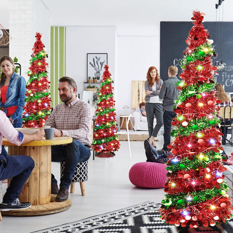 5 FT Collapsible Sequin Pop Up Christmas Tree with 90 LED Lights, Skinny Pencil Tinsel Xmas Tree with Stand for Apartments Kungfuking
