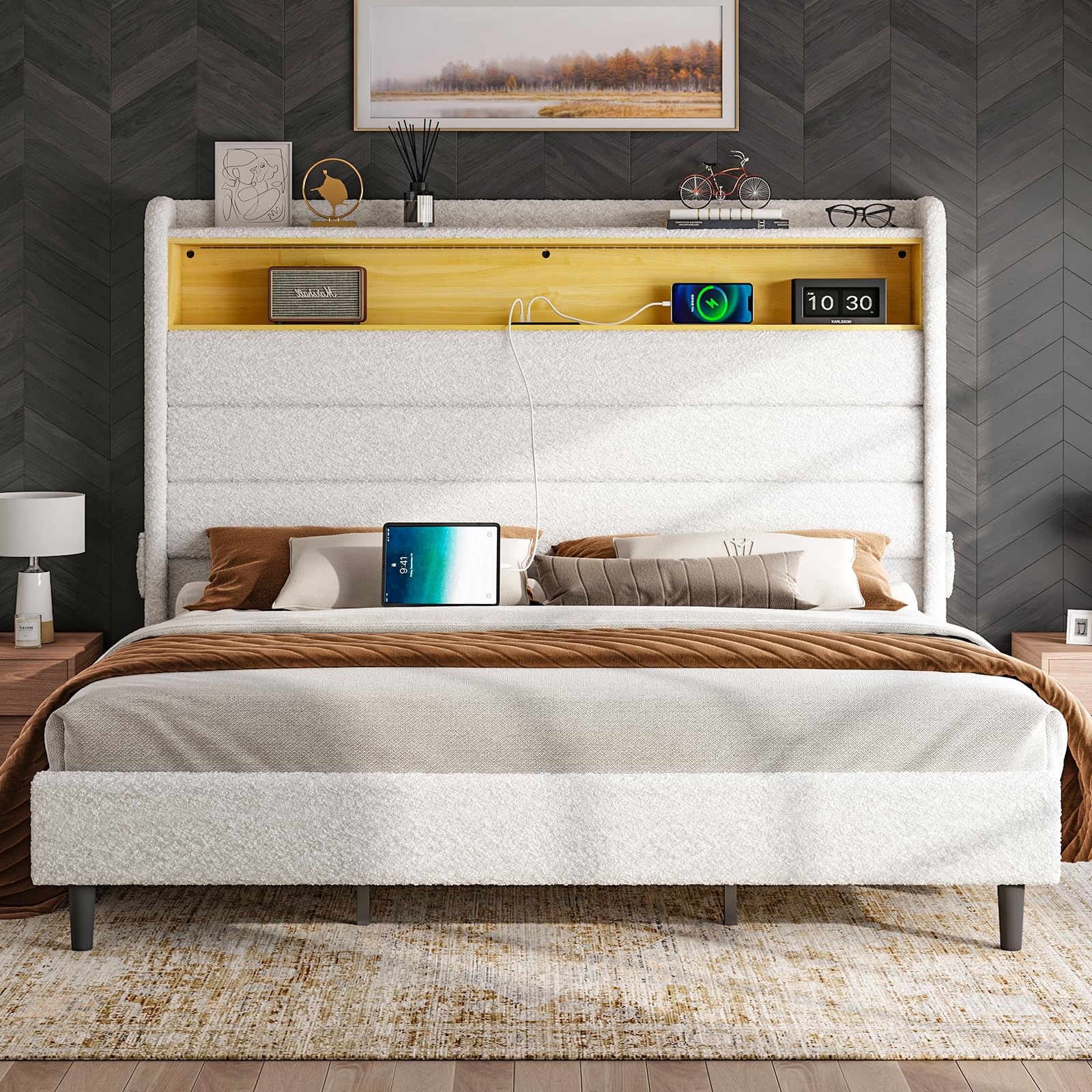 Jocisland Queen Upholstered Bed Frame with LED Lights and Charging Station - Boucle White Wingback Design - WoodArtSupply