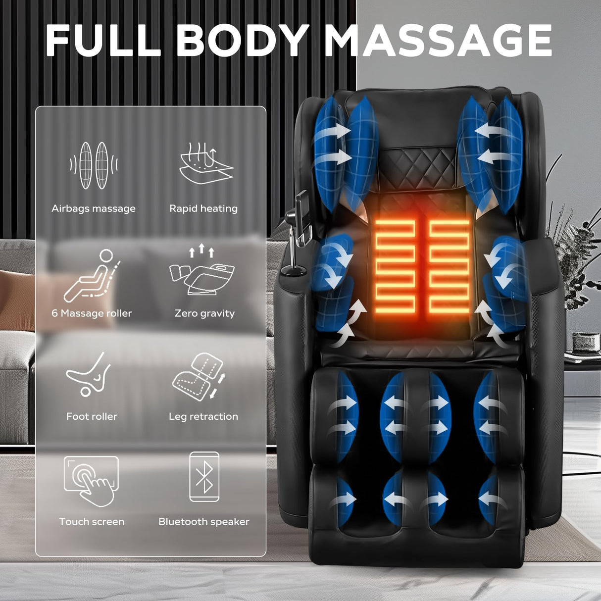BILITOK Full Body Massage Chair with Zero Gravity, Massage Chair Recliner with Heating, Airbags, Bluetooth Speaker, Foot Roller, Touch Screen BILITOK