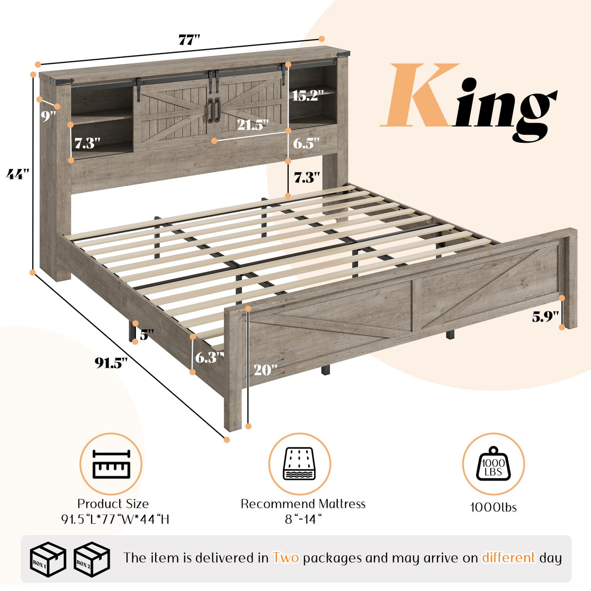 AMERLIFE Farmhouse King Bed Frame, Rustic Wood Platform Bed w/Barn Door Storage Bookcase Headboard & Charging Station, Bedroom Furniture, No Box Spring Needed, Light Grey AMERLIFE