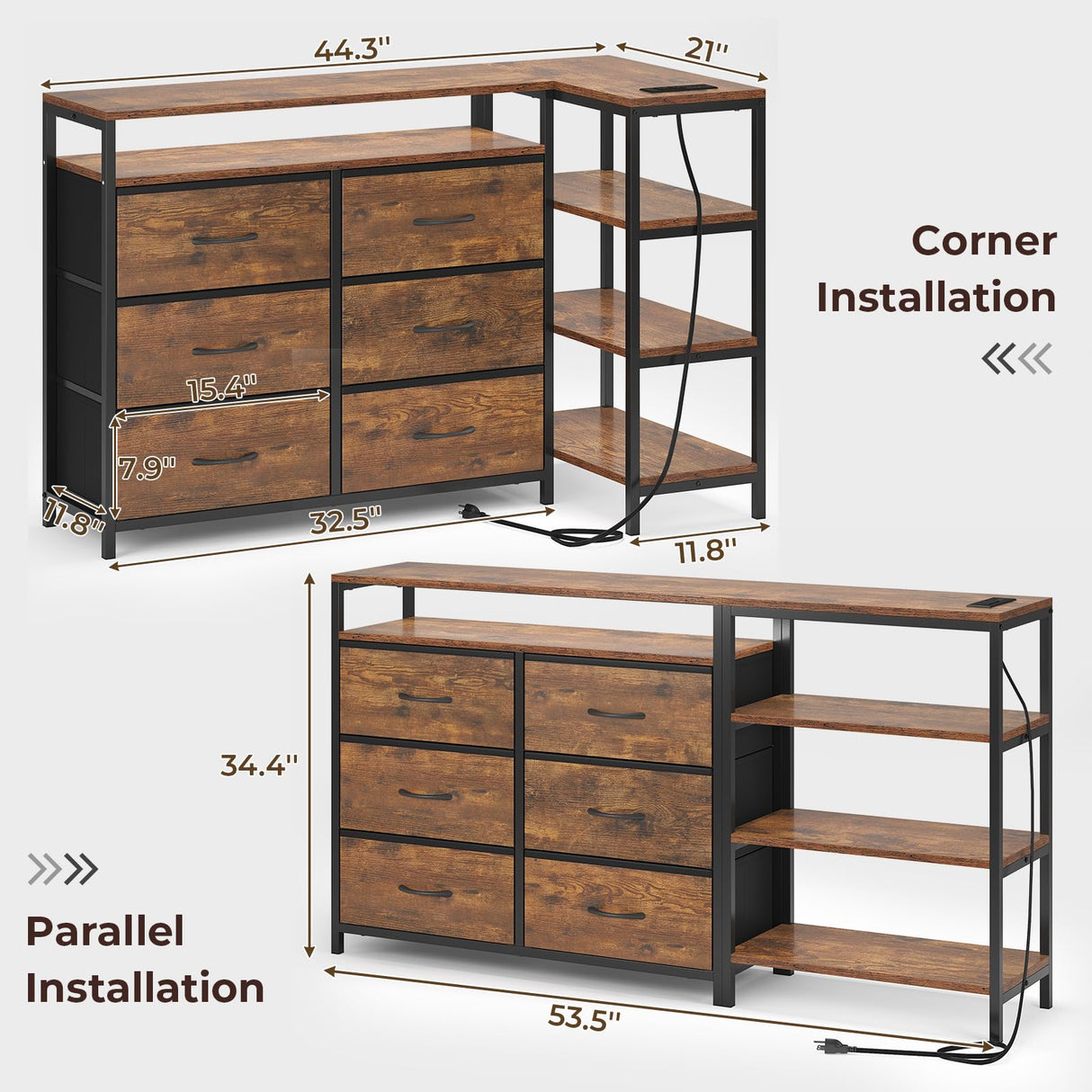 HAUOMS TV Stand for 60 Inches TV,TV Stand with Charging Station & LED Lights, 6 Fabric Drawers,Entertainment Center and Industrial TV Console Table with Shelves for Living Room, Bedroom,Rustic Brown HAUOMS