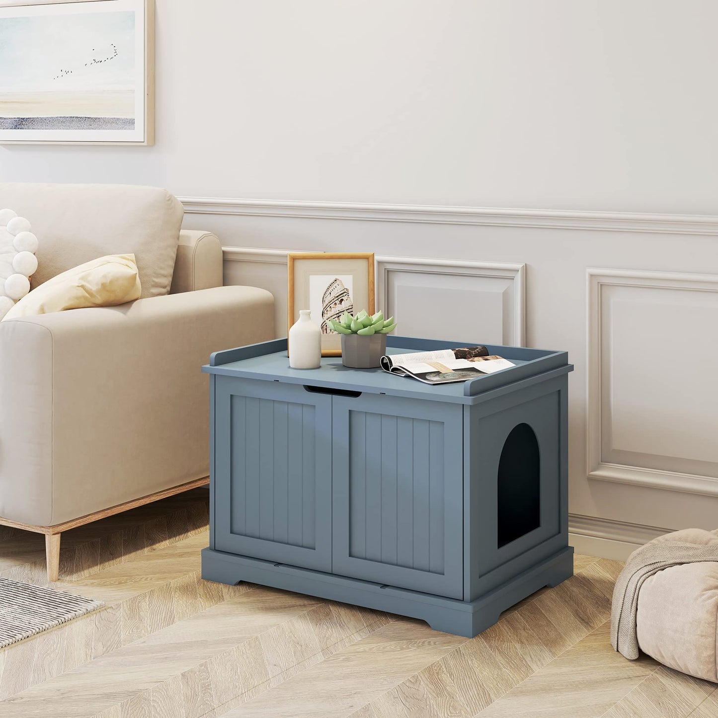 HOME BI Cat Litter Box Enclosure, Cat Litter Box Furniture Hidden, Cat Washroom Storage Bench, Pet Crate Furniture, Modern Wooden Cat Litter Cabinet, Cat Home, Kitty Hideaway, Gray - WoodArtSupply