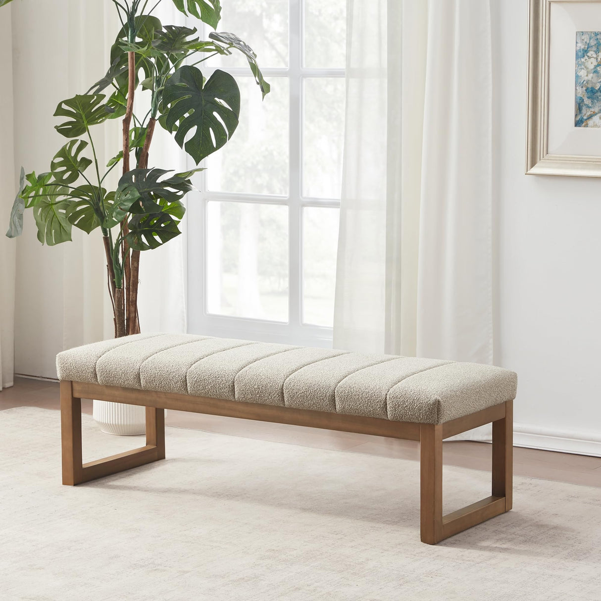 Zihanhome 52.7" Bedroom Bench for End of Bed, Modern Upholstered Teddy Fabric Entryway Bench & Dining Bench, Footrest Stool Bench with Solid Wood Frame for Bedroom, Living Room (Camel) Zihanhome