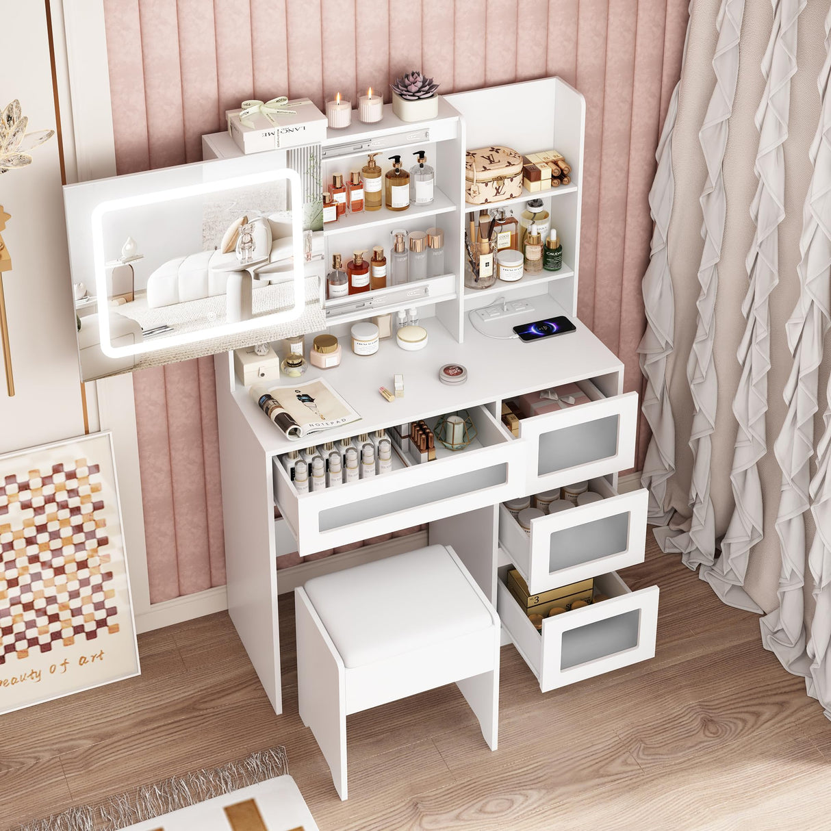 Makeup Vanity Desk with Sliding Mirror and Lights, 4 Drawers & Charging Station, LED Light, Vanity Table with Adjustable Brightness & 3 Colour Light Modes, Dresser Desk and Cushioned Stool Set, White Vabches