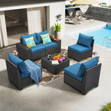 TerraRelax Patio Furniture Set 6 Pieces All Weather Patio Conversation Sets Wicker PE Rattan Outdoor Sectional Couch Sofa Set with Cushion Table for Garden, Backyard, Poolside Peacock Blue TerraRelax