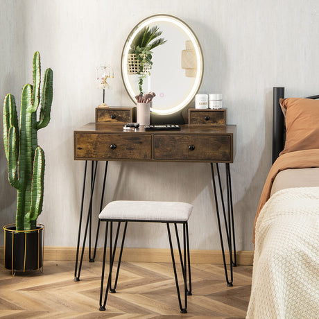 CHARMAID Makeup Vanity Set with Lighted Mirror, 3 Lighting Sets, Adjustable Brightness, 4 Drawers, Bedroom Dressing Table Vanity Desk with Cushioned CHARMAID