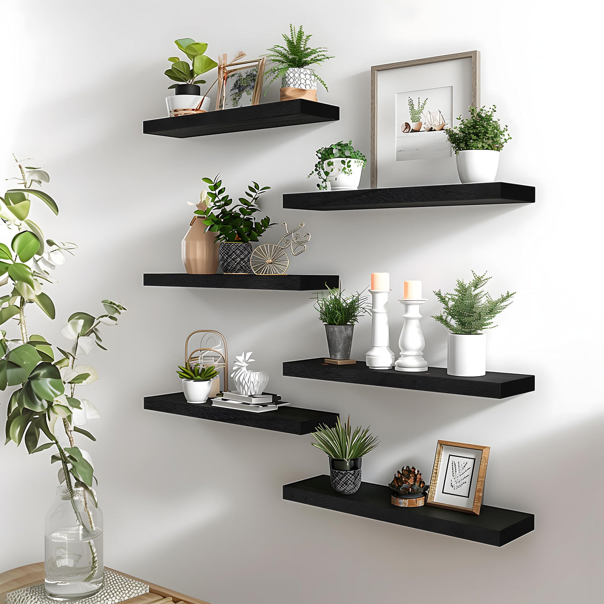 YFYEO Black Wood Floating Shelves for Wall Rustic Wall Shelf for Bedroom Living Room Set of 4 YFYEO