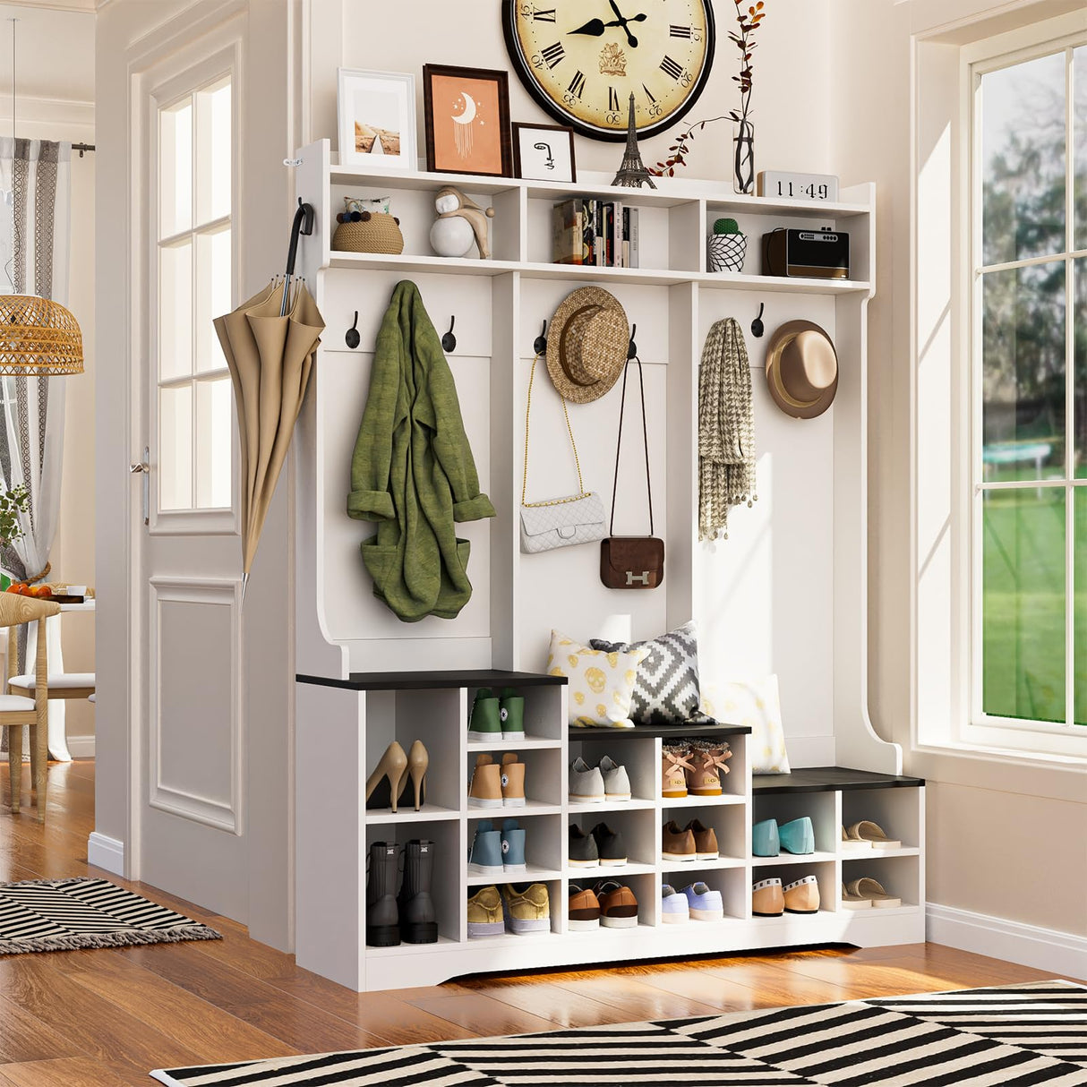 77" Hall Tree with Shoe Storage and Coat Rack, Farmhouse Entryway Bench, 16 Shoe Cubbies & 10 Coat Hooks, 15.8"D x 59"W x 77"H, Freestanding Entrance Storage Cabinet for Entryway Hallway, White Yeyawomy