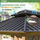 EROMMY 10' x 12' Gazebo, Wooden Finish Coated Aluminum Frame Canopy with Double Galvanized Steel Hardtop Roof, Outdoor Permanent Metal Pavilion with EROMMY