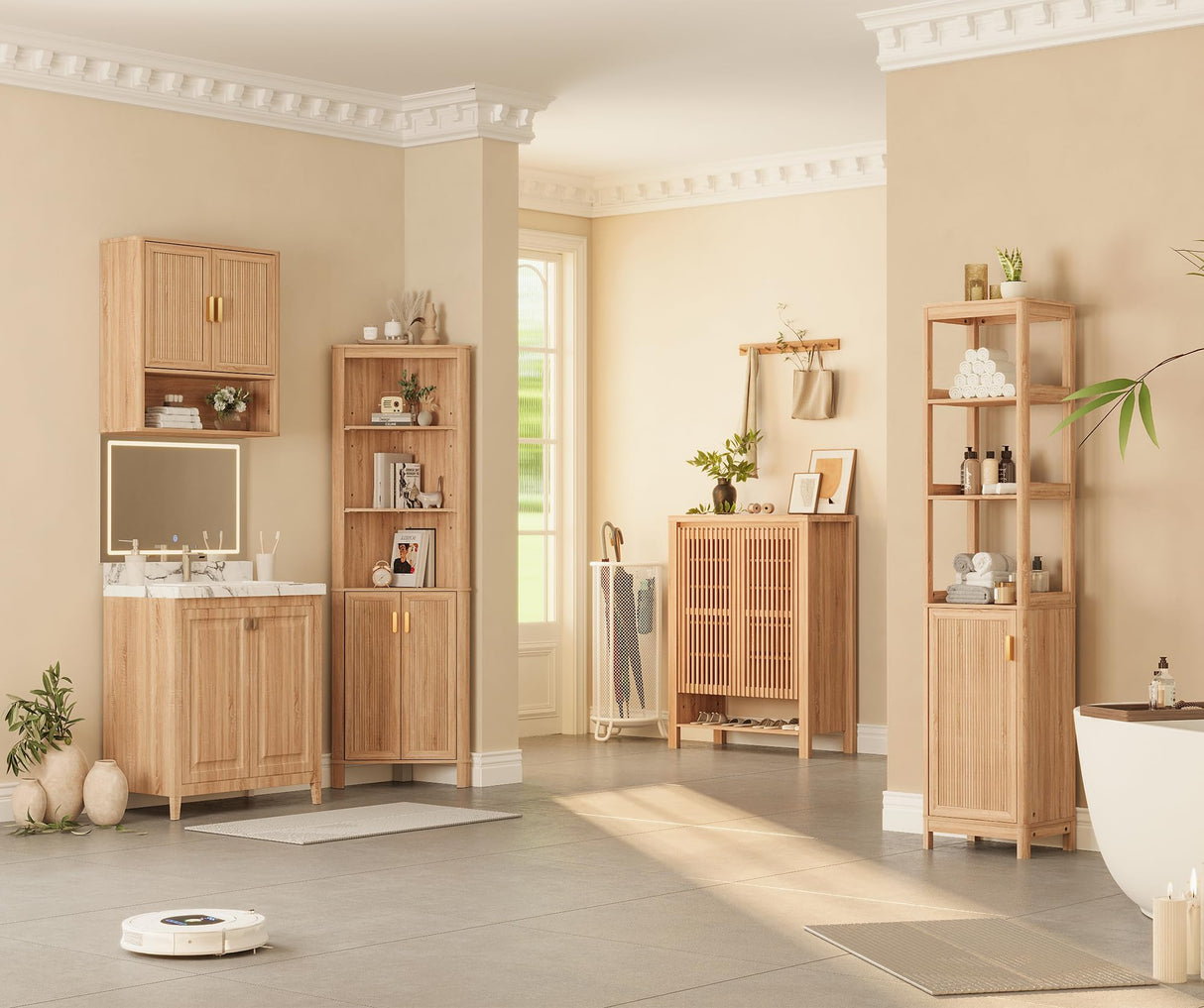 INNOD 68'' Tall Narrow Storage Cabinet with Adjustable Shelf and Door, Bathroom Storage Cabinet, Space Saver for Bathroom, Kitchen, Living Room, Natural Oak INNOD