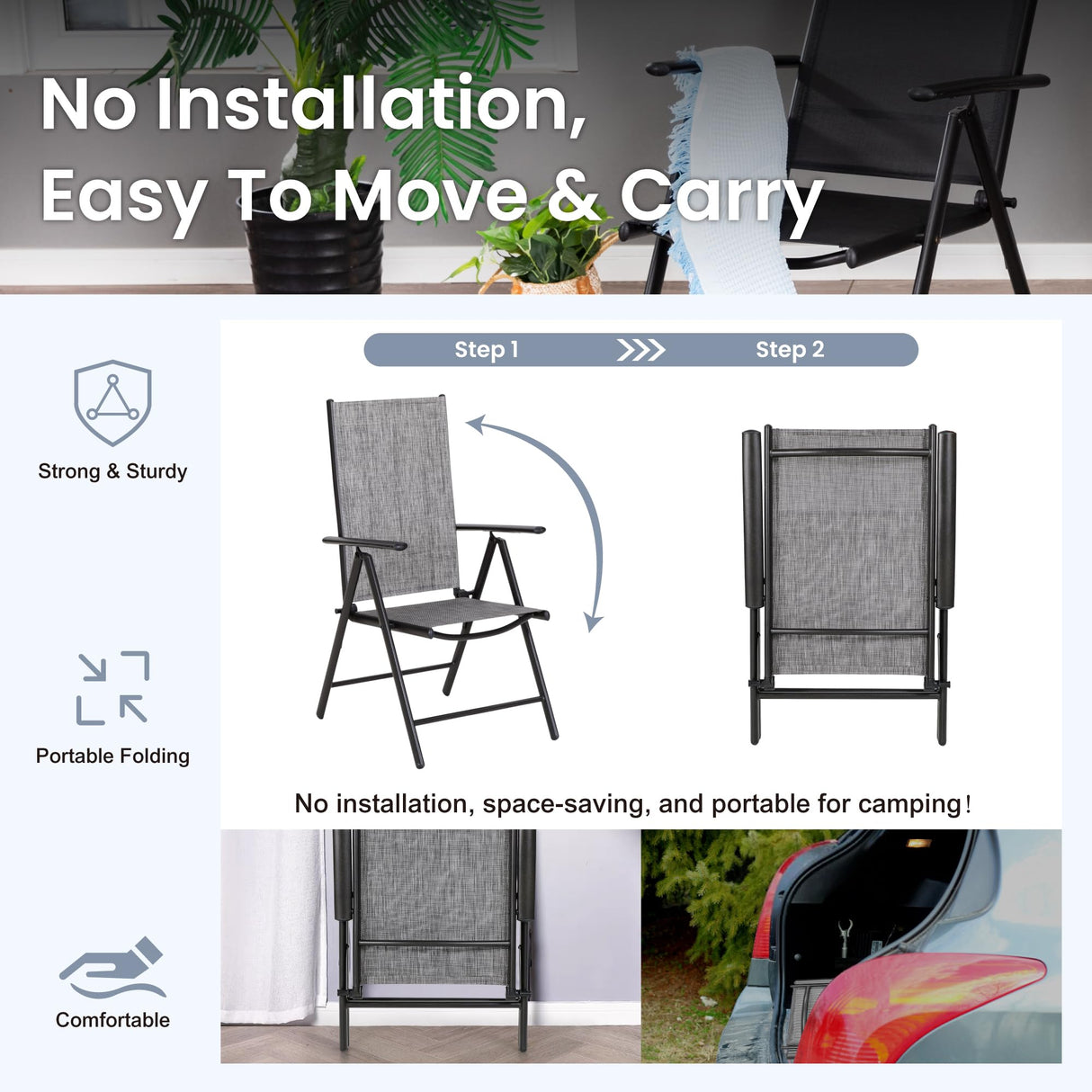 PHI VILLA 9 Piece Outdoor Dining Set, All Weather Furniture Patio Table and Chairs for 8 with Adjustable Lightweight Patio Folding Dining Chairs (Grey) & Extendable Metal Table for Garden, Yard PHI VILLA