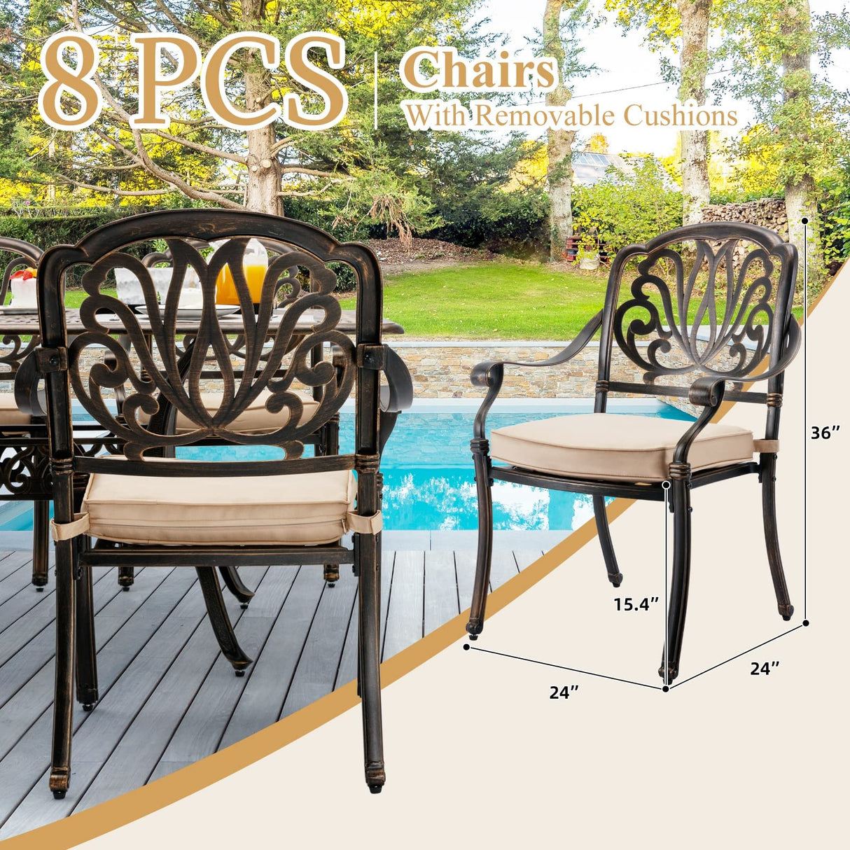 Attliahome 9-Piece Cast Aluminum Outdoor Table and Chairs, Classic Vintage Patio Dining Set for 8 Include 87" Rectangular Patio Dining Table and 8 Chairs with Removable Cushion and Umbrella Hole Attliahome