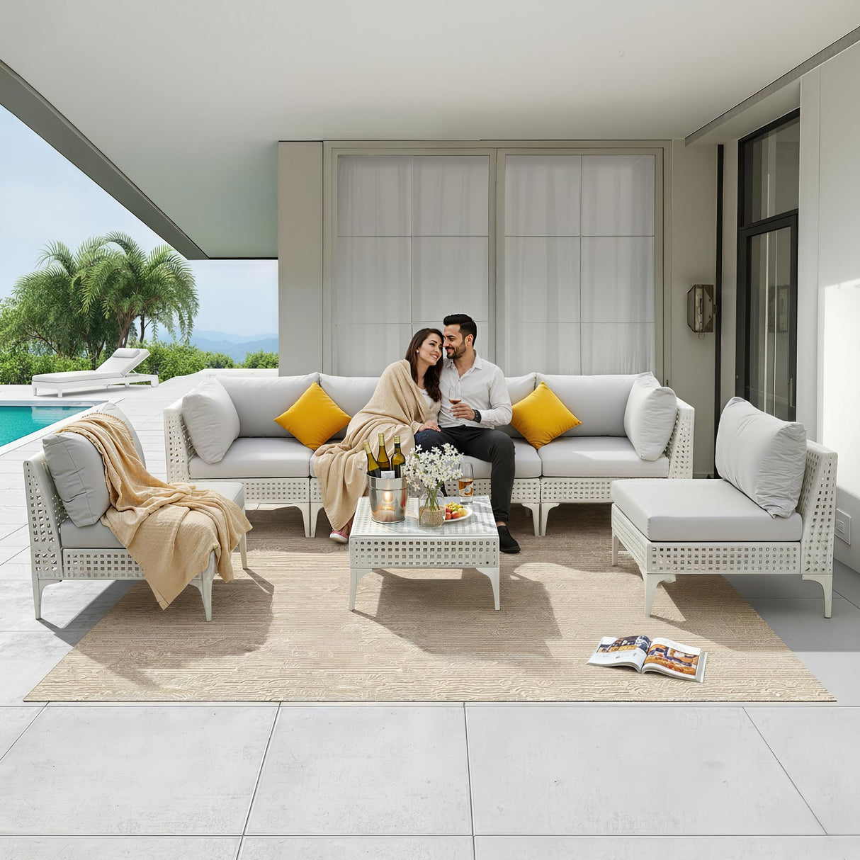 NICESOUL 7 Pieces 25.6" Deep Seat Patio Conversation Sets, White Open Weave Rattan Durable Patio Sectional Sofa, Weather Resistant Outdoor Seating Set for Backyard Terrace Porch, Light Grey NICESOUL