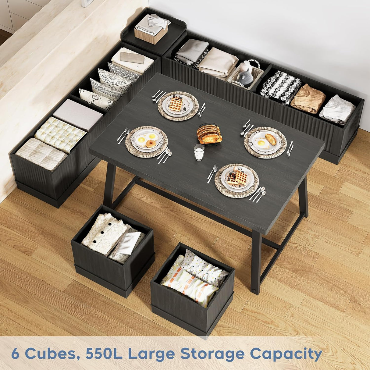 XIAO WEI Corner Dining Table Set with Storage Stool and Storage Bench,47 Inch Rustic Brown Breakfast Nook with Banquette Seating,6 Pieces Dining Table Set Corner Booth for Kitchen and Dining Room XIAO WEI