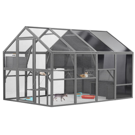 YOFE Luxury Cat Cage Outdoor Wooden Catio Enclosure Patio Large Cat Run House for Multiple Pets Walk in Kitten Kennel with Bouncy Bridge, Platforms, Seating and Sunshine Panel(108 Inch) YOFE